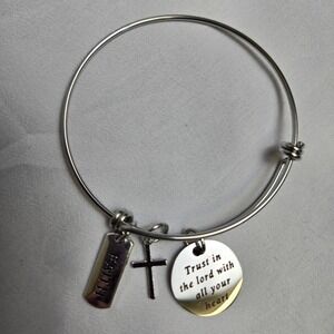 Christian Faith Bible Verse Scripture Charm Bangle‎ Bracelet, Silver Tone